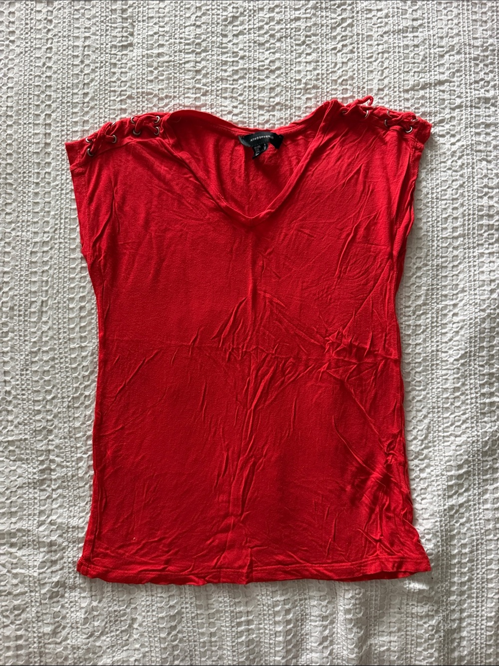 Atmosphere Red V-Neck Tank with Lace-Up Shoulder Detail